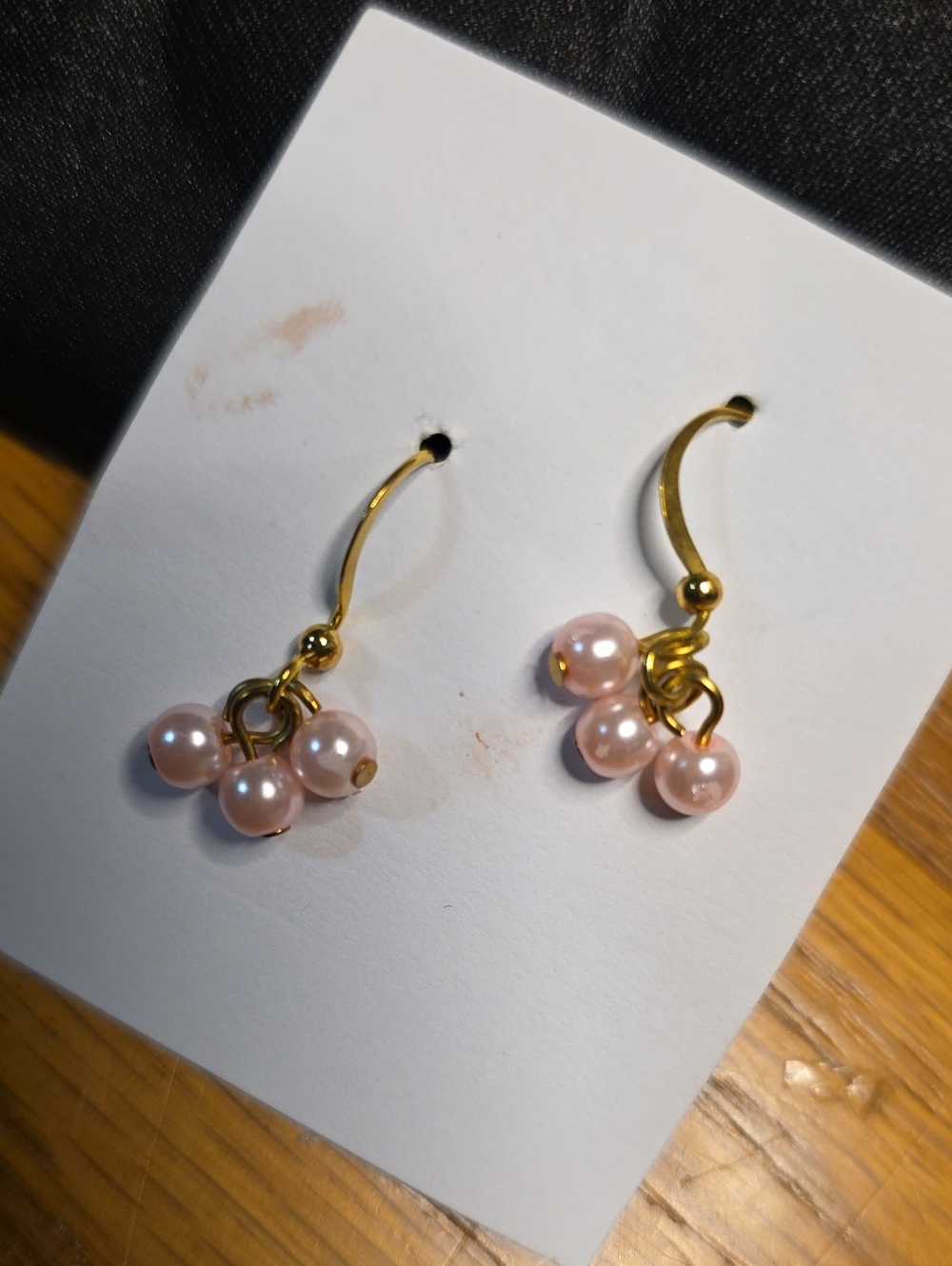 Gold Drop Earrings with Pink Pearl Clusters - Picture 2 of 3